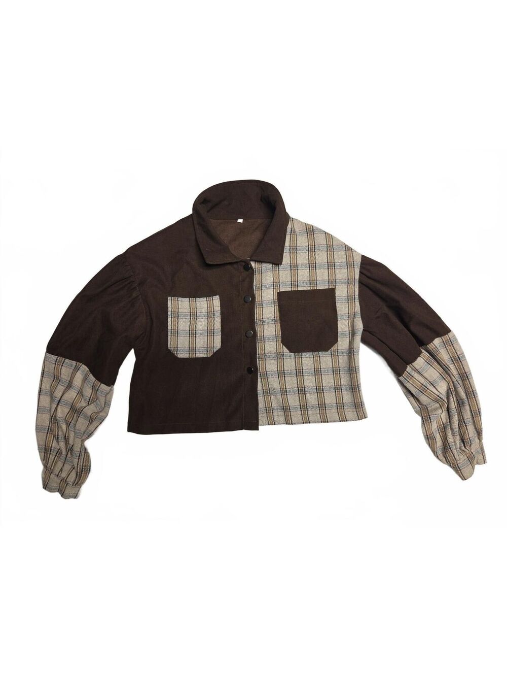 Shein Brown Plaid Colorblock Long Sleeve Button Up Shirt Top Womens Size M